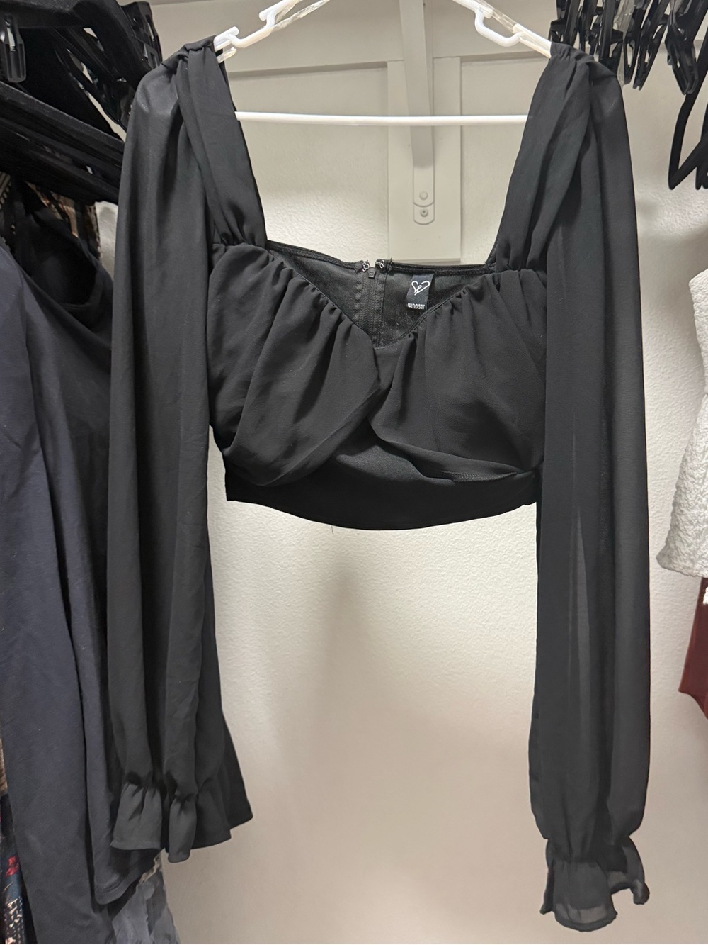 Windsor Black Long-Sleeve Ruched Bust Crop Top